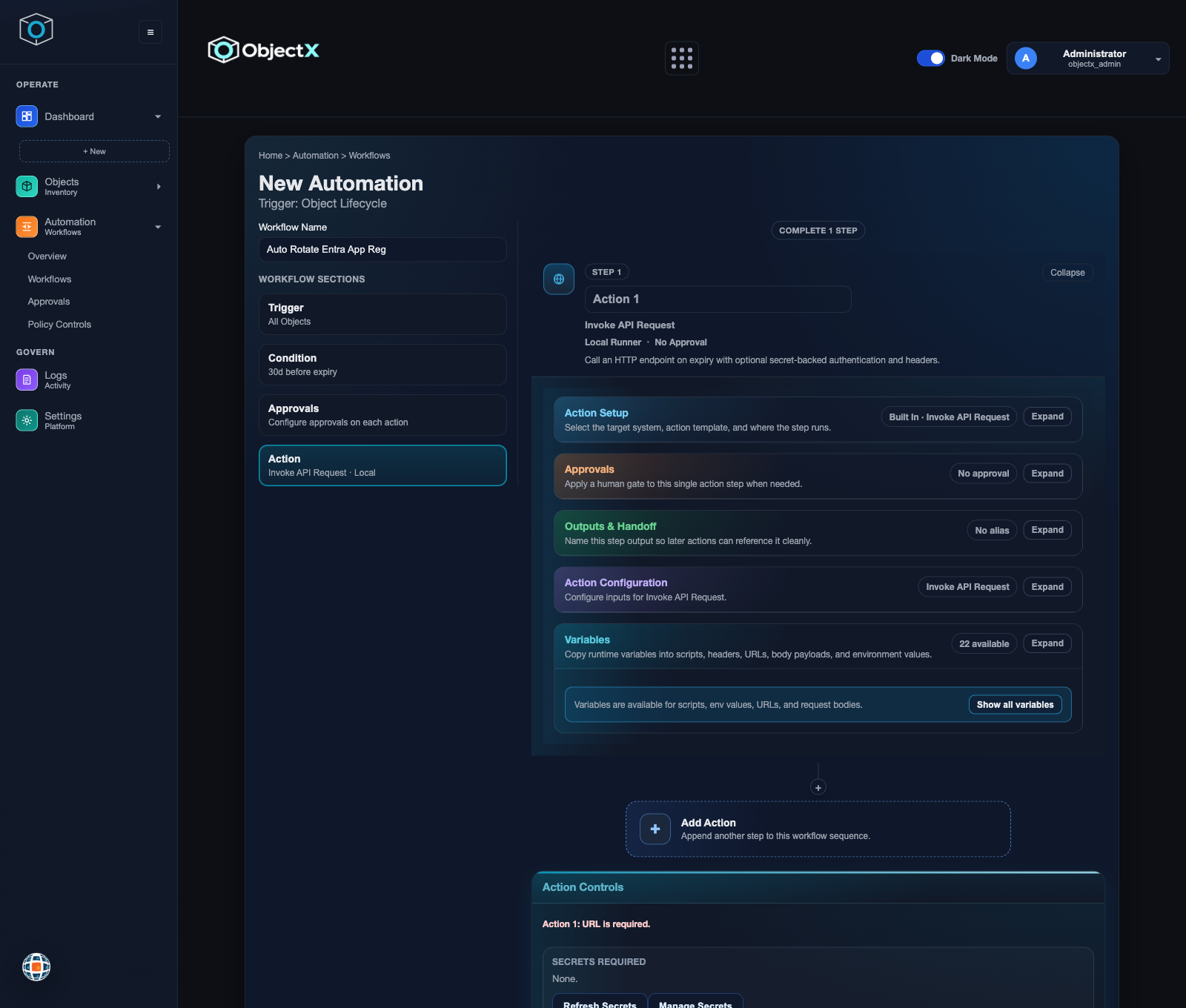 ObjectX automation workflow builder showing trigger, condition, approvals, and action steps for an object-lifecycle workflow.