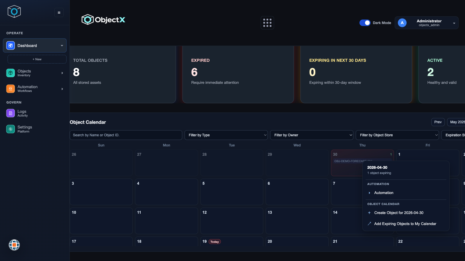 Right-click context menu on a calendar object offering automation and object actions.