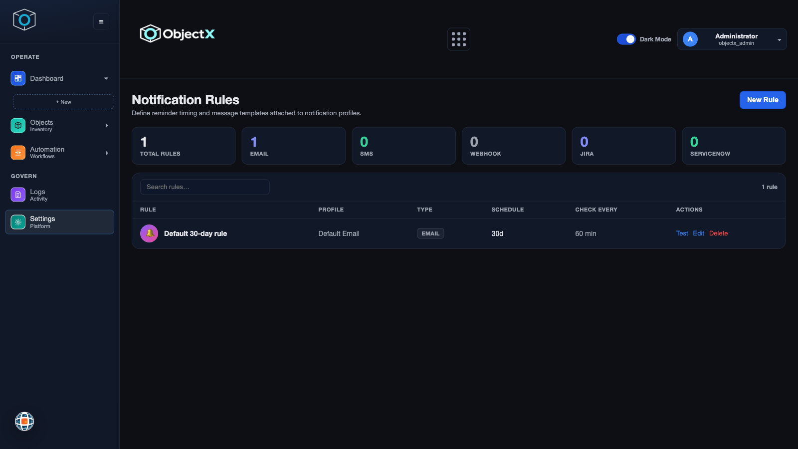 ObjectX notification rules listing reminder timing, profile, type, and schedule.