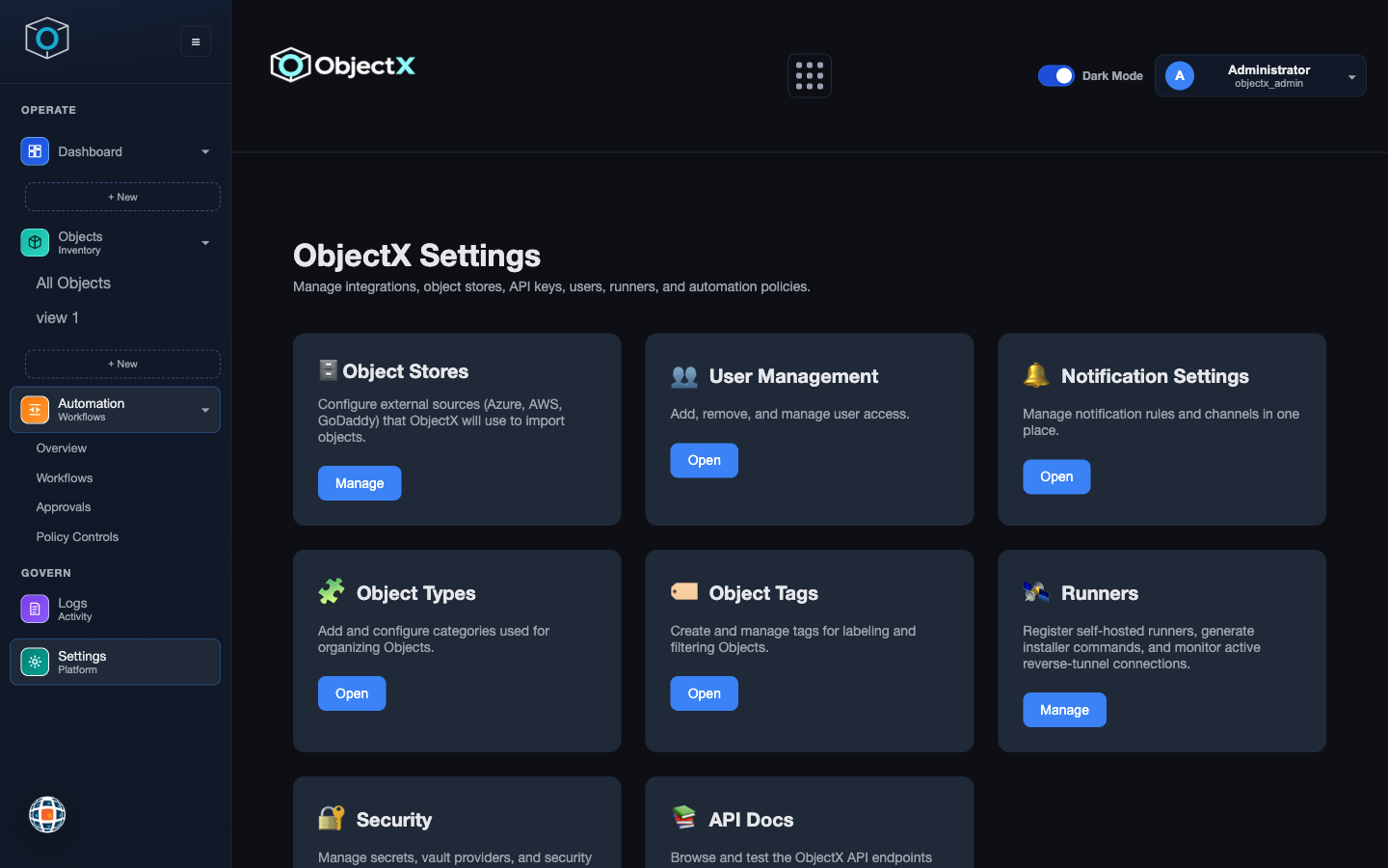 ObjectX platform settings: object stores, users, notifications, runners, security, and API docs.