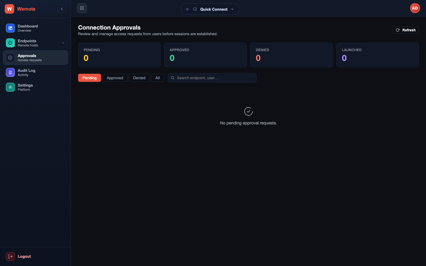 Pending access requests awaiting approval, with user, endpoint, and elapsed wait time.