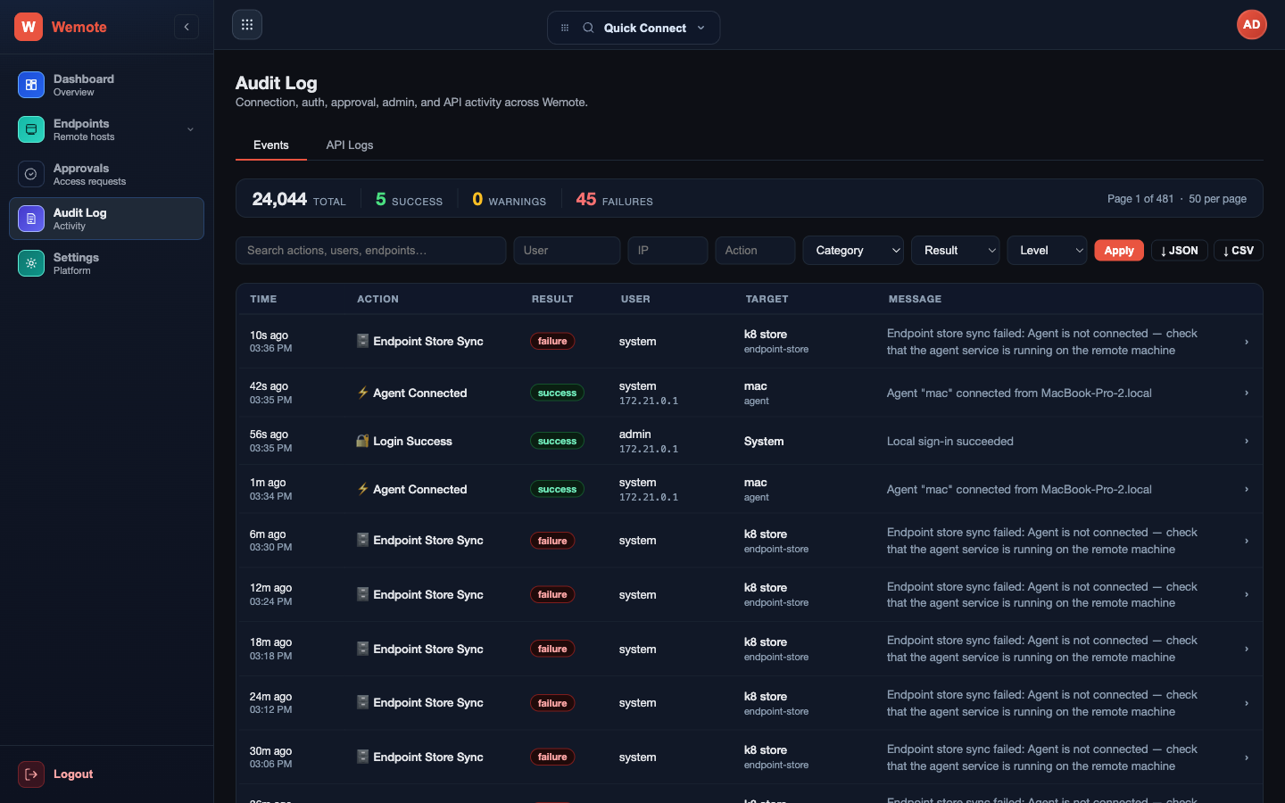 Audit log filtered by event type, user, and outcome.