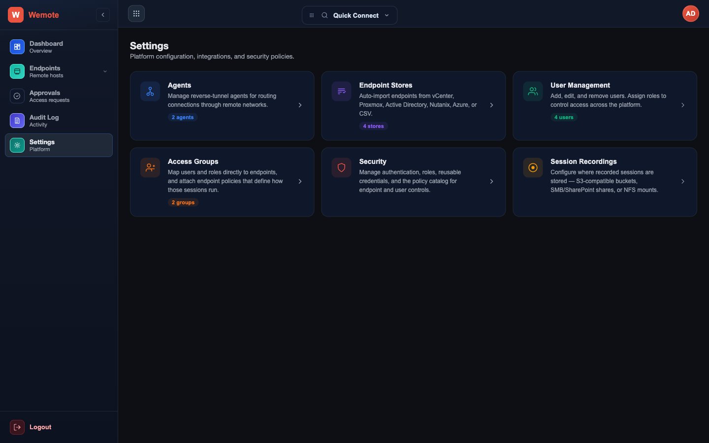 Platform settings for stores, agents, identity providers, and policy.